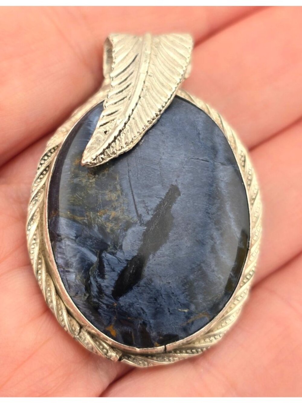 Handcrafted Sterling Silver Pendant Blue Pietersite & Leaf Detail 2 Inches Long